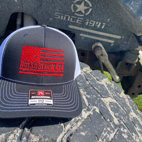 black and white trucker hat with red american flag notsostock4x4
