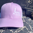 pink mudhole mermaid trucker hat with white logo on front