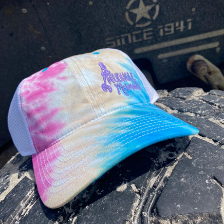 pink blue tie dyed trucker hat with purple mudhole mermaid logo