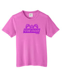 hot pink youth shirt withpurple future stacker across the front with 3 stacked off road vehicles on top
