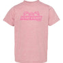 pink toddler shirt withhot pink future stacker across the front with 3 stacked off road vehicles on top