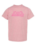 pink toddler shirt withhot pink future stacker across the front with 3 stacked off road vehicles on top