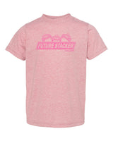 pink toddler shirt withhot pink future stacker across the front with 3 stacked off road vehicles on top