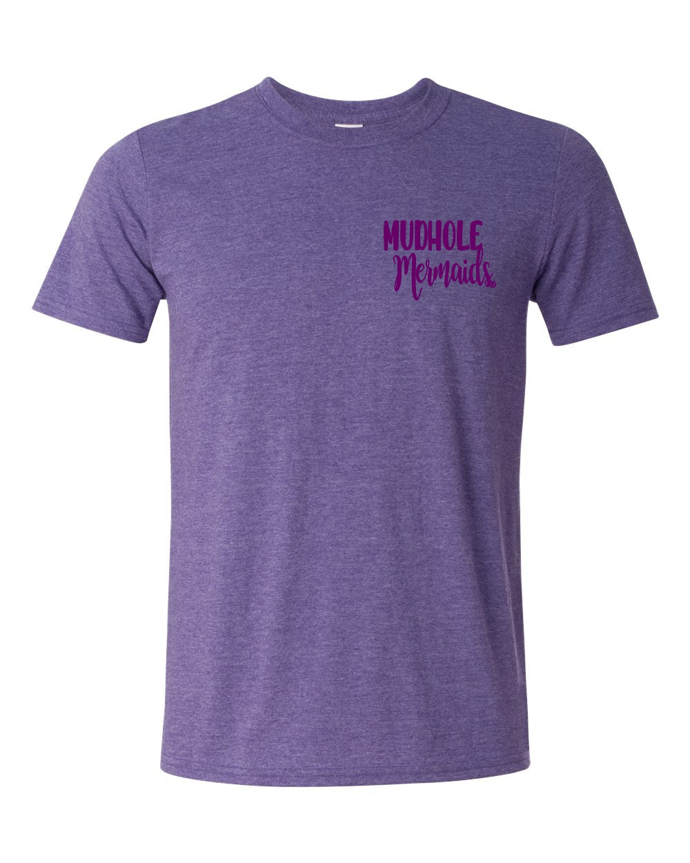 Front of purple t shirt with the mudhole mermaid logo on the left chest