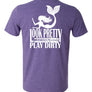 A purple t-shirt with a graphic print of a mermaid and text that reads 'Look Pretty, Play Dirty'