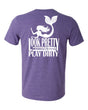 A purple t-shirt with a graphic print of a mermaid and text that reads 'Look Pretty, Play Dirty'