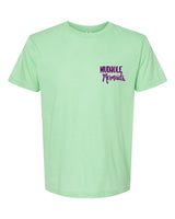 Front of mint t shirt with the mudhole mermaid logo on the left chest