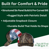 Two hats with American flag and camouflage design on a green background with text about comfort and pride.