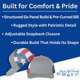 Two hats with a patriotic design on a blue background with text about comfort, pride, and product features.