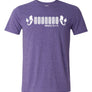 PURPLE TSHIRTS WITH 2 MERMAIDS FACING EACH OTHER WITH 7 TIRES IN BETWEEN THEM
