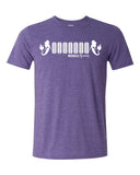 PURPLE TSHIRTS WITH 2 MERMAIDS FACING EACH OTHER WITH 7 TIRES IN BETWEEN THEM