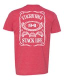 A red t-shirt with 'Stackin' Since 1941' and 'Stack Life' 