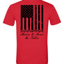 Red t shirt with american flag in black on the back running vertical down back.  At the bottom of the flag is a stack of 7 off road vehicles with the words Stackin' to honor the fallen underneath