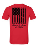 Red t shirt with american flag in black on the back running vertical down back.  At the bottom of the flag is a stack of 7 off road vehicles with the words Stackin' to honor the fallen underneath