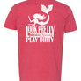 A red t-shirt with a graphic print of a mermaid and text that reads 'Look Pretty, Play Dirty'