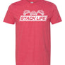 A red t-shirt with the Stack Life logo printed on the front.
