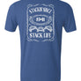 A blue t-shirt with 'Stackin' Since 1941' and 'Stack Life' 