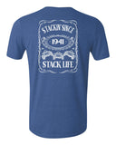 A blue t-shirt with 'Stackin' Since 1941' and 'Stack Life' 