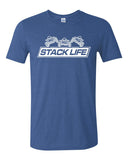 A blue t-shirt with the 'Stack Life' logo printed on the front.