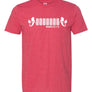 RED TSHIRTS WITH 2 MERMAIDS FACING EACH OTHER WITH 7 TIRES IN BETWEEN THEM