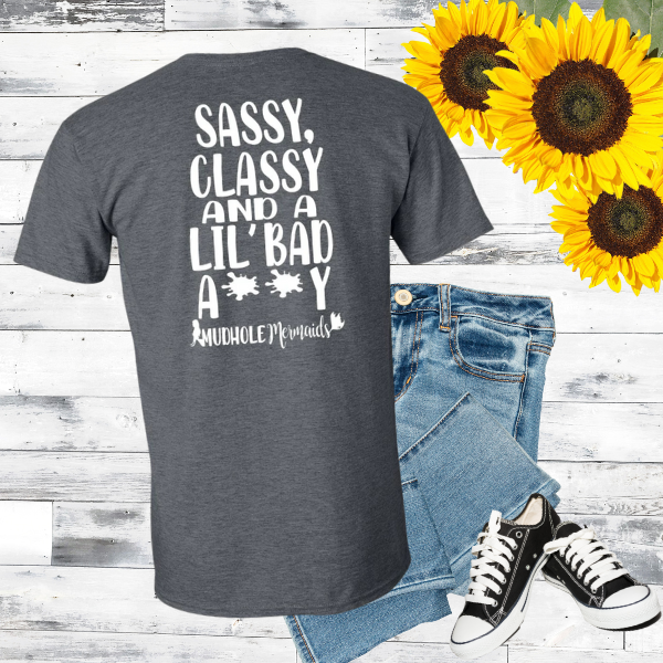 stylized sassy, classy mudhole mermaid tshirt in heather grey