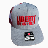 Liberty Runs Deep Trucker Hat | Grey Front with Flag Mesh Back