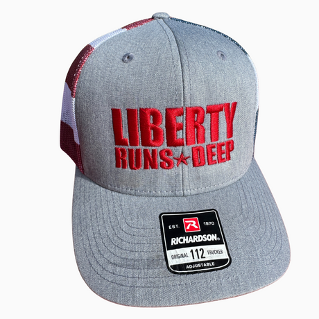 Liberty Runs Deep Trucker Hat | Grey Front with Flag Mesh Back
