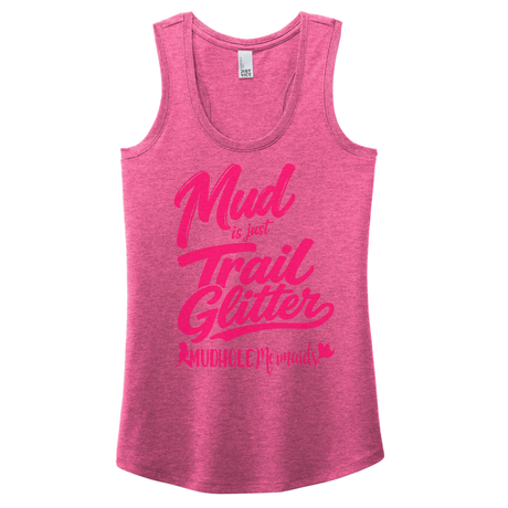 A heather pink racerback tank top with a bright pink graphic text reading 'Mud is just Trail Glitter' and 'HUDKE Momma's' on a plain white background.