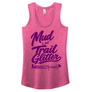 A pink heathered racerback tank top with a purple graphic print that reads 'Mud is just Trail Glitter' and 'MUDHOLE Mermaids' with small mermaid silhouettes, shown on a plain white background.