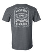 A gray t-shirt with 'Stackin' Since 1941' and 'Stack Life' 