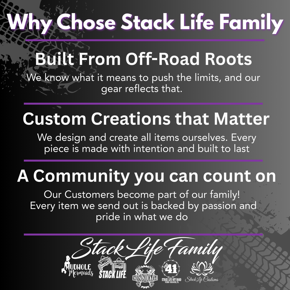 Promotional text about Stack Life Family with a black background and white and purple text.