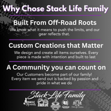 Promotional text about Stack Life Family with a black background and white and purple text.