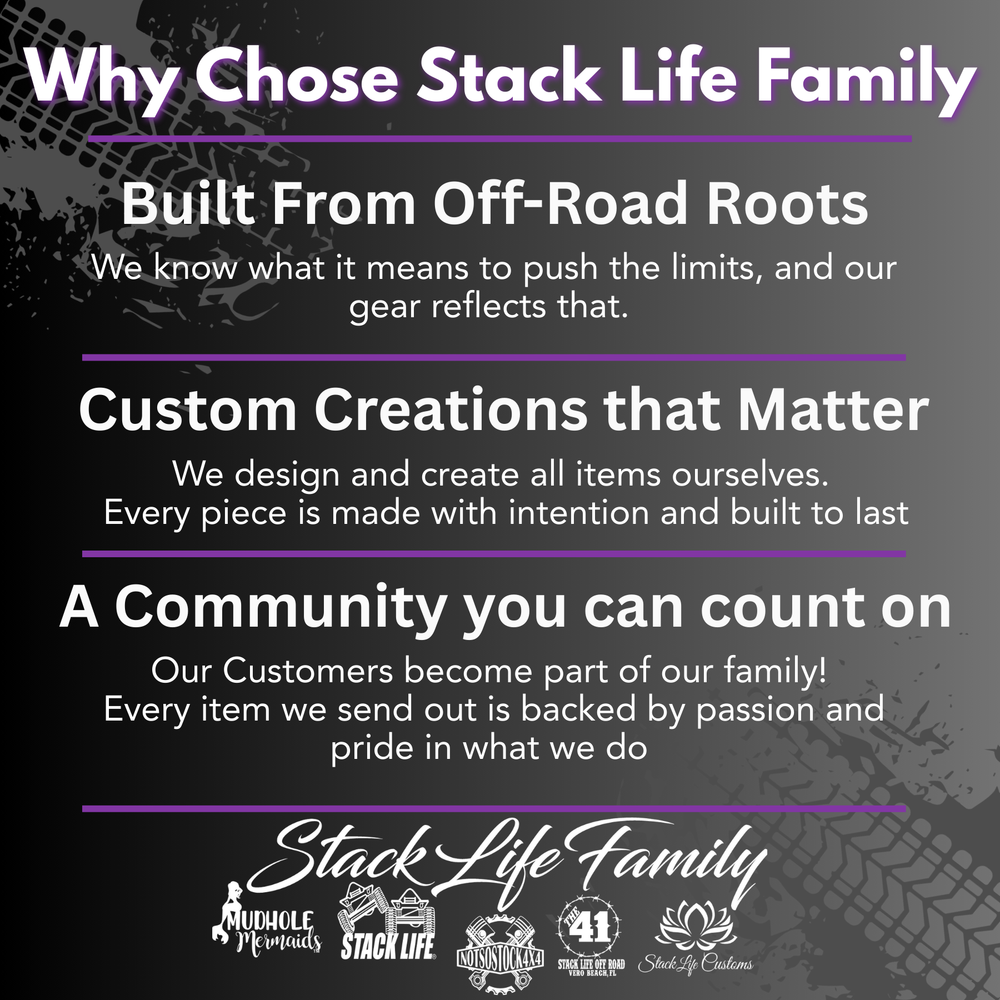 Promotional text about Stack Life Family on a dark background with branding elements.