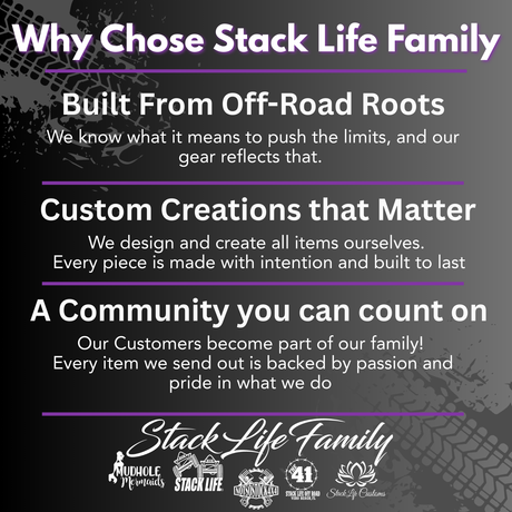 Promotional text about Stack Life Family on a dark background with branding elements.