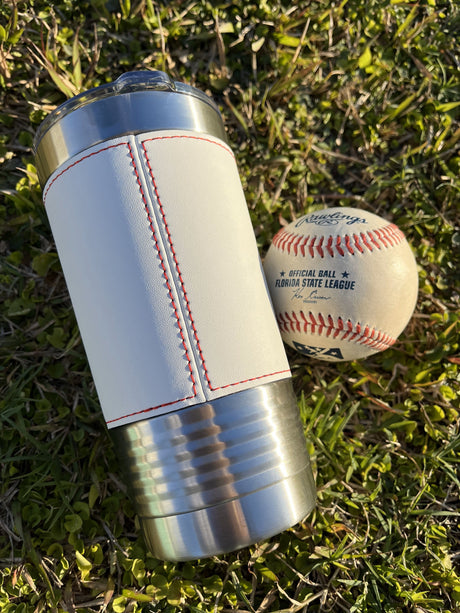 20 Baseball Leather tumbler with red stitching back view-Stack Life Customs
