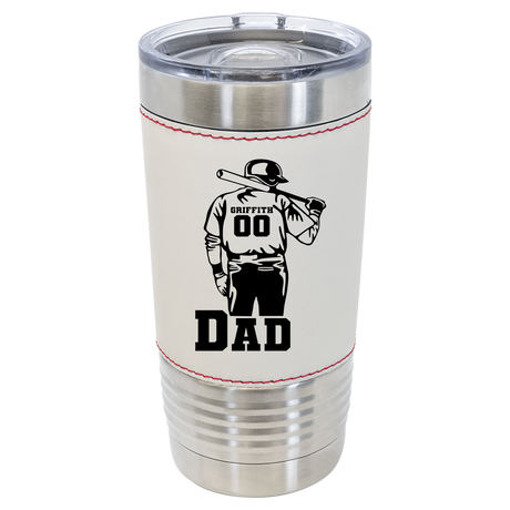 20 oz tumbler baseball leather tumbler with ball player holding a bat with custom name and number with Dad under in block letters front view – Stack Life Customs