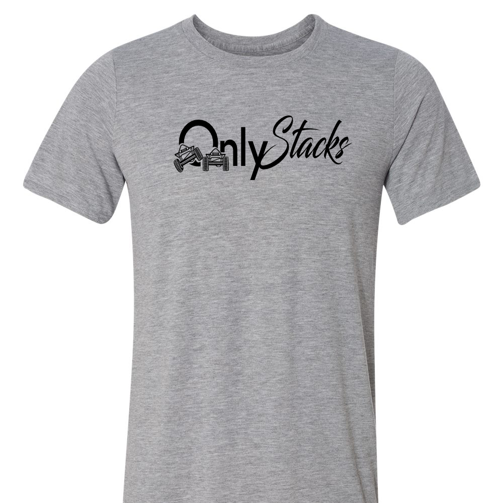 Image of Grey short sleeve with shirts with two stacked vehicles with the words only stacks on the front