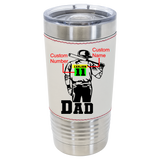 20 oz tumbler baseball leather tumbler with ball player holding a bat with custom name and number with Dad under in block letters front view - Stack Life Customs
