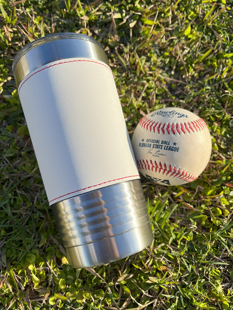20 oz baseball leather wrapped tumbler front view - Stack Life Customs