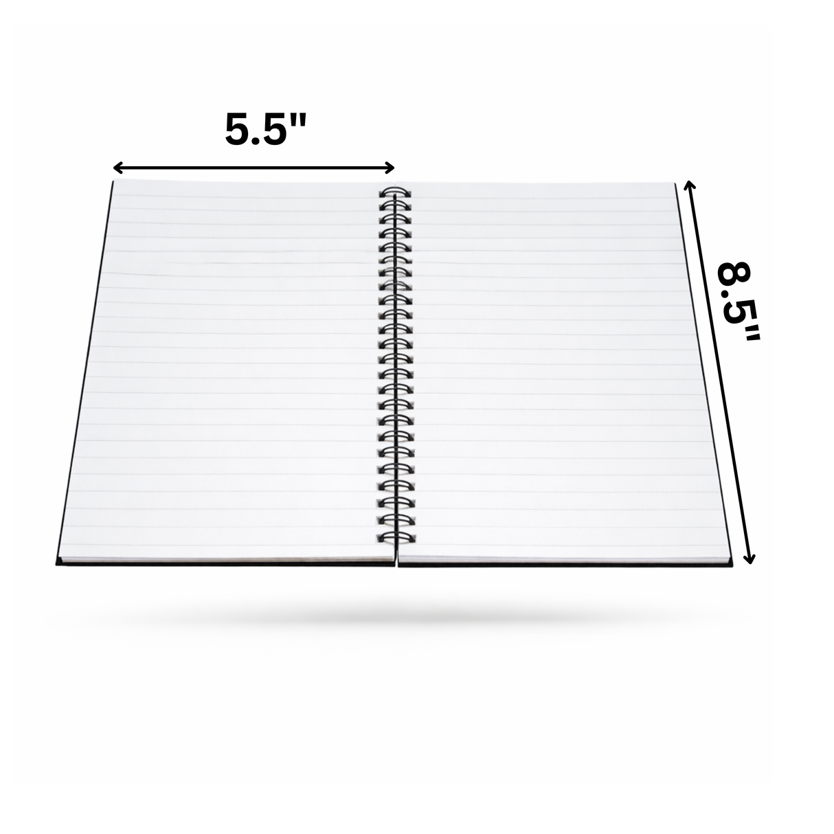 Spiral-bound notebook with dimensions labeled on a white background
