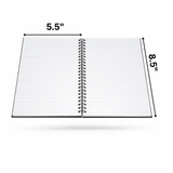 Spiral-bound notebook with dimensions labeled on a white background
