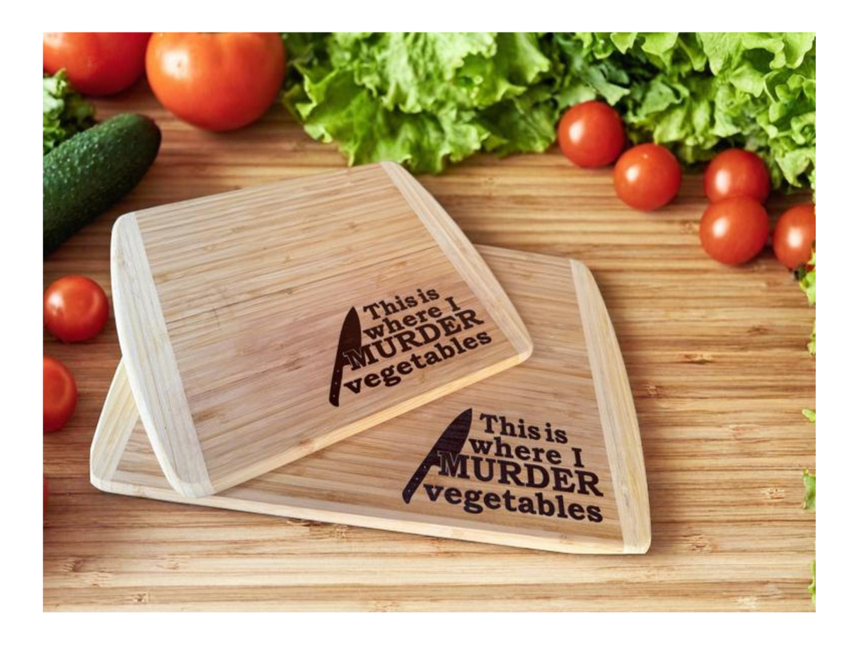 bamboo cutting board with this is where I murder vegetables with a knife